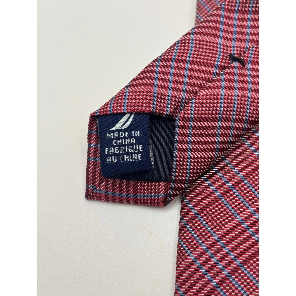 Nautica Mens Red Blue Plaid Textured Silk Blend Necktie Formal Business Tie
